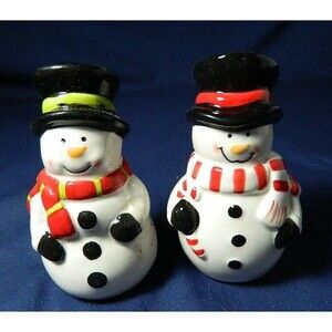 Snowman Salt and Pepper Shakers 3.5" Tall Ceramic  Wearing Scarves & Top Hats